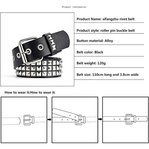 Black Studded Belt Punk Rock Rivet Belt Grommet Threads Belt with Bright Metal - Picture 7 of 8